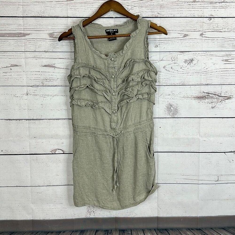 Neslay Paris Tunic Womens Small Beige‎ Minimalist Ruffles Pockets Boho Peasant